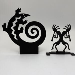 2 Southwestern Decor Candle Holder Kokopelli Gecko Lizard Black Metal Partylite